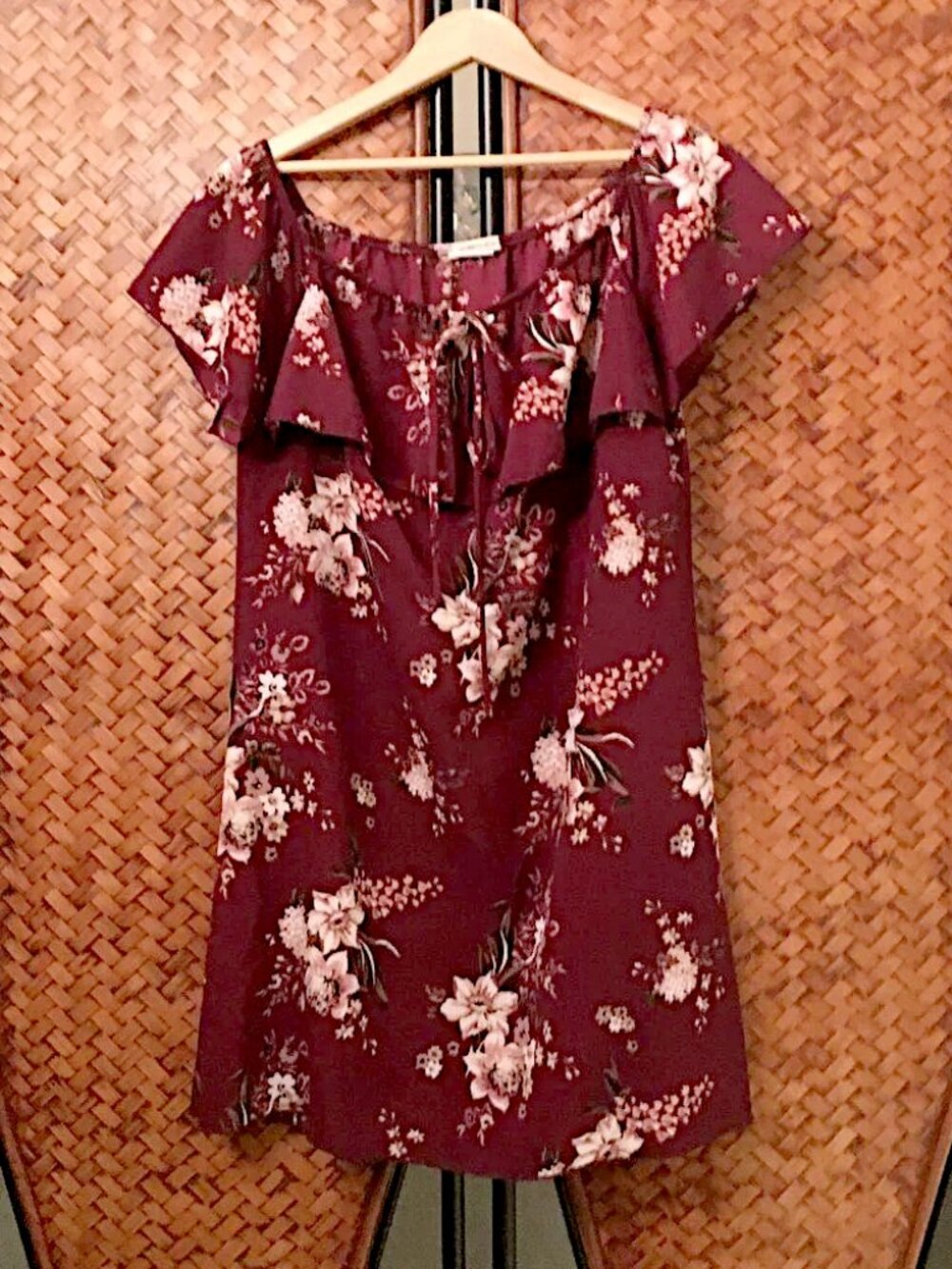 Romantic Cottagecore Ruffle Collar Maroon Floral Summer Dress/Tunic